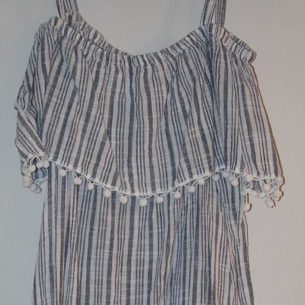 🥳Host Pick🥳 White & Blue stripe Pom trim dress - Picture 5 of 7